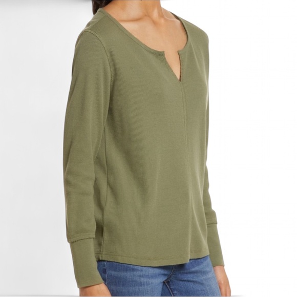 Caslon Organic Cotton Blend Split Neck Thermal Top Green Sorrel XXS - Picture 2 of 12
